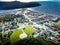 Aerial Newfoundland town of Placentia overlooking baseball diamonds and sports fields in Atlantic Canada