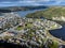 Aerial Newfoundland town and popular landmarks with community heritage church.