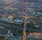 Aerial night view of a complex traffic interchange in a city neighborhood