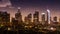 Aerial night view of Los Angeles Financial District skyline; California