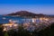 Aerial night view of Zakynthos city in Zante island, in Greece