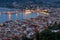 Aerial night view of Zakynthos Zante town. Beautiful cityscape panorama of Greece city. Traveling concept background.
