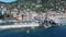 Aerial orbiting shot of fishing village, Camogli, Italy