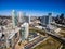 Aerial Over Austin Texas Modern Buildings and condominiums during sunny blue sky afternoon