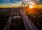 Aerial Over Bridges Dallas Texas Dramatic Sunrise Margaret Hunt Hill Bridge and Reunion Tower