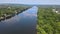 Aerial overhead of Delaware river landscape, American town of Lambertville New Jersey, view near small town historic New