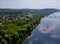 Aerial overhead of Delaware river landscape, American town of Lambertville New Jersey, view near small town historic New Hope