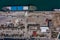 Aerial overhead drone shot of cargo ship in Argostolion town harbour on Kefalonia Island