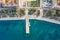 Aerial overhead drone shot of old town square near pier on Zadar peninsula in sunrise in Croatia