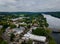 Aerial overhead landscape neighborhood in a small American small town historic New Hope Pennsylvania USA view of Delaware river