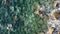 Aerial overhead view of large rock beach with waves crashing on the stones, relaxing scene