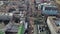 Aerial overhead view Narrow streets of European city in winter. Rusty roofs of old houses.