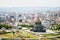 Aerial panning view Kars mosque with city panorama