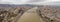 Aerial pano drone shot of Danube river in cloudy Budapest winter morning