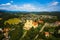 Aerial panoram of Baroque Mariatrost Basilica on top of the Purberg hill in Mariatrost, a district of Graz