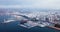 Aerial panorama of Almeria cityscape and vessels in harbor, Andalusia, Spain