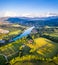 Aerial Panorama Bad Toelz, Isar Valley, Germany Bavaria. Sunset shot in June