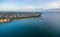 Aerial panorama of Black Rock pier, and shipwreck of HMVS cerberus at sunset.