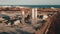 Aerial panorama of cement concrete silo production factory. Huge industrial storage reservoir towers