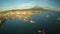 Aerial panorama of the city of Legaspi in the morning at dawn. Against the backdrop of the Mayon volcano. Seaport with