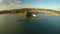 Aerial panorama of the city of Legaspi in the morning at dawn. Against the backdrop of the Mayon volcano. Seaport with