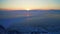 Aerial panorama. Cold sunset over horizon. Winter twilight. Frozen dark ice