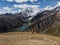 Aerial panorama of Cordillera Huayhuash Circuit andes mountain Jirishanca Camp Jahuacocha Solteracocha lake Ancash Peru