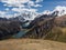 Aerial panorama of Cordillera Huayhuash Circuit andes mountain Jirishanca Camp Jahuacocha Solteracocha lake Ancash Peru