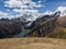 Aerial panorama of Cordillera Huayhuash Circuit andes mountain Jirishanca Camp Jahuacocha Solteracocha lake Ancash Peru