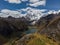 Aerial panorama of Cordillera Huayhuash Circuit andes mountain Jirishanca Camp Jahuacocha Solteracocha lake Ancash Peru