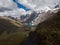 Aerial panorama of Cordillera Huayhuash Circuit andes mountain lake Laguna Carhuacocha Gangrajanca Ancash Peru