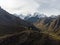 Aerial panorama of Cordillera Huayhuash Circuit mountain andes route from Jahuacocha lake to Pocpa village Ancash Peru