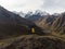 Aerial panorama of Cordillera Huayhuash Circuit mountain andes route from Jahuacocha lake to Pocpa village Ancash Peru