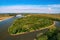 Aerial panorama of Dniester river near Mariiampil, Ivano-Frankivsk region, Ukraine