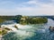 Aerial panorama by drone of Rhine Falls with Schloss Laufen castle, Switzerland