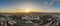 Aerial panorama drone shot of Matthias Church Fisherman`s Bastion on Buda Hill in Budapest sunset