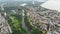 Aerial Panorama of Dwelling Blocks of Multistory Buildings near Nature and River