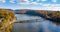 Aerial panorama of fall colors on Cheat Lake Morgantown, WV with bridge