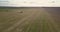 Aerial panorama field with harvesting combine against sky