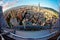 Aerial panorama fisheye view over Taipei, capital city of Taiwan, with Taipei 101 Tower among skyscrapers in Xinyi District