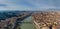 Aerial panorama of Florence at sunrise, Firenze, Tuscany, Italy, cathedral, river, drone pint view, mountains is on