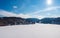 Aerial panorama of the frozen Cheat Lake Morgantown, WV looking upstream