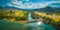 Aerial panorama of Goulburn River entering Lake Eildon.