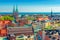 Aerial panorama of Helsinki. Cityscape of the Capital of Finland with Baltic Sea in the background