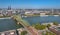 Aerial panorama of the Hohenzollern bridge over Rhine river on a sunny day. Beautiful cityscape of Cologne, Germany