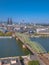 Aerial panorama of the Hohenzollern bridge over Rhine river on a sunny day. Beautiful cityscape of Cologne, Germany