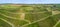 Aerial panorama image by drone over vineyard in summer with beautiful patterns