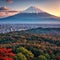 Aerial Panorama Landscape of Fuji Mountain. Iconic and Symbolic Mountain of Japan. Scenic Sunset Landscape of Fujisan