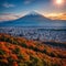 Aerial Panorama Landscape of Fuji Mountain. Iconic and Symbolic Mountain of Japan. Scenic Sunset Landscape of Fujisan