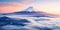 Aerial Panorama Landscape of Fuji Mountain. Iconic and Symbolic Mountain of Japan. Scenic Sunset Landscape of Fujisan at Evening